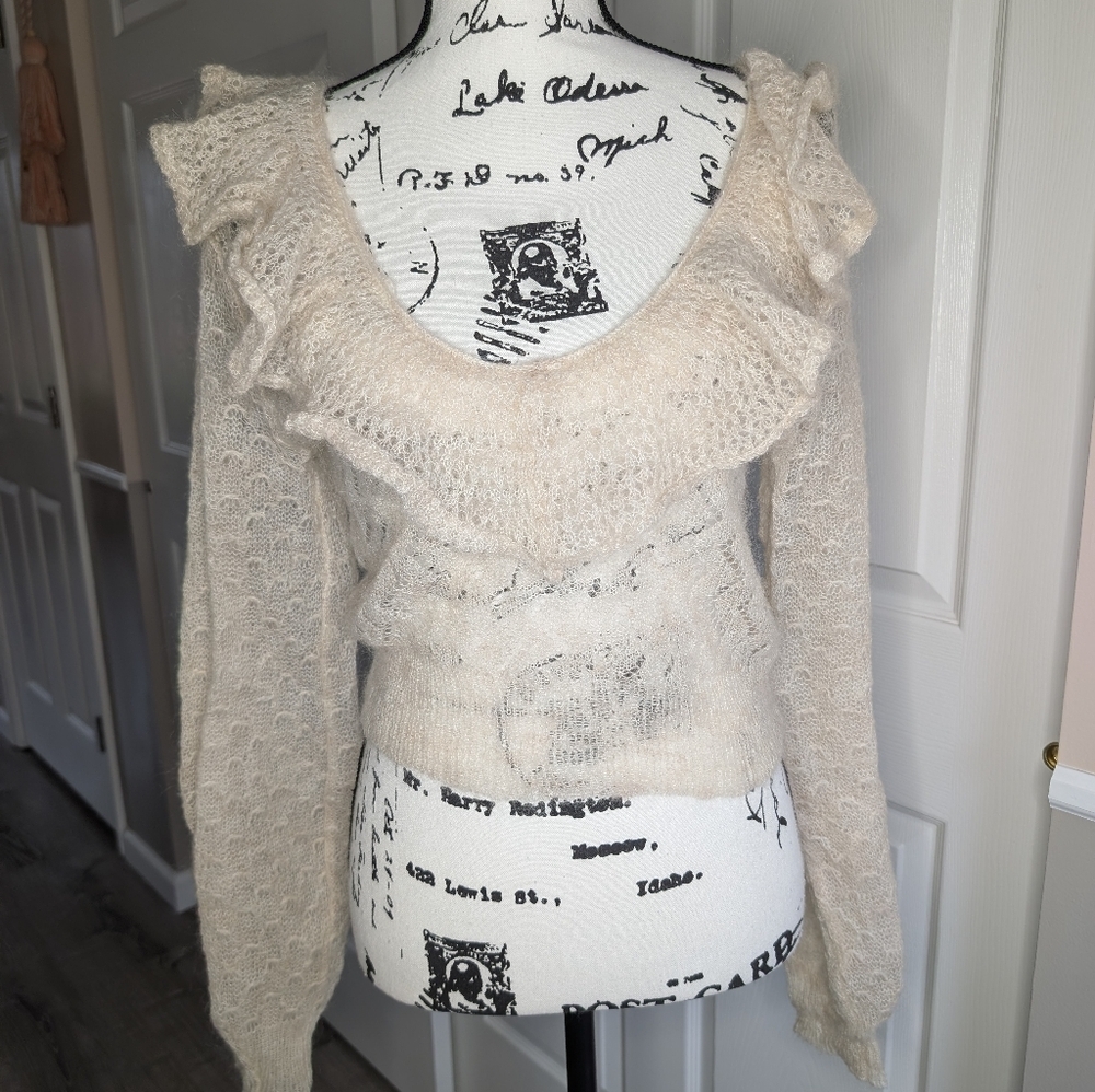 Free People Cream Ruffled Off-the-Shoulder Knit Sweater